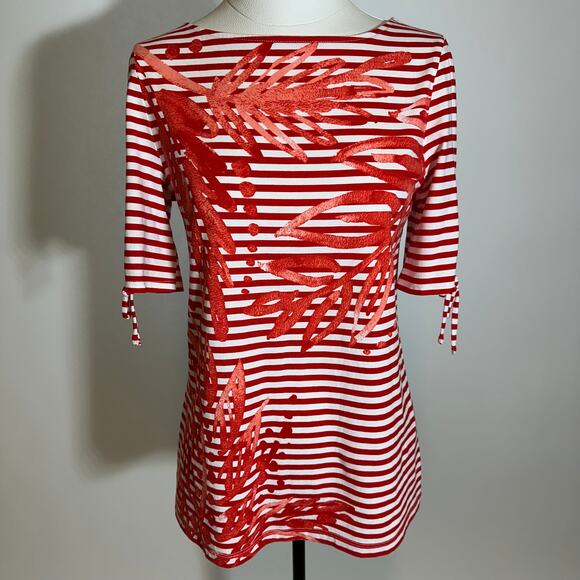 Chicos Red White Striped Leaf Print Cotton Tie Sleeve Blouse Womens Size Small S - Picture 1 of 10
